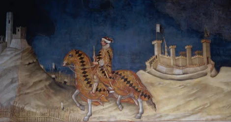 Gedenken an Guidoriccio da Fogliano bei der Belagerung von Montemassi, aus der Sala del Mappamondo, 1328 (Detail)